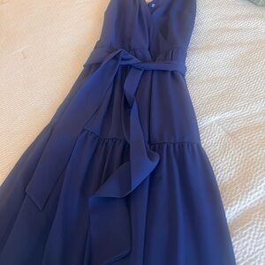 Navy Blue Maxi Wrap Dress with Tie Waist